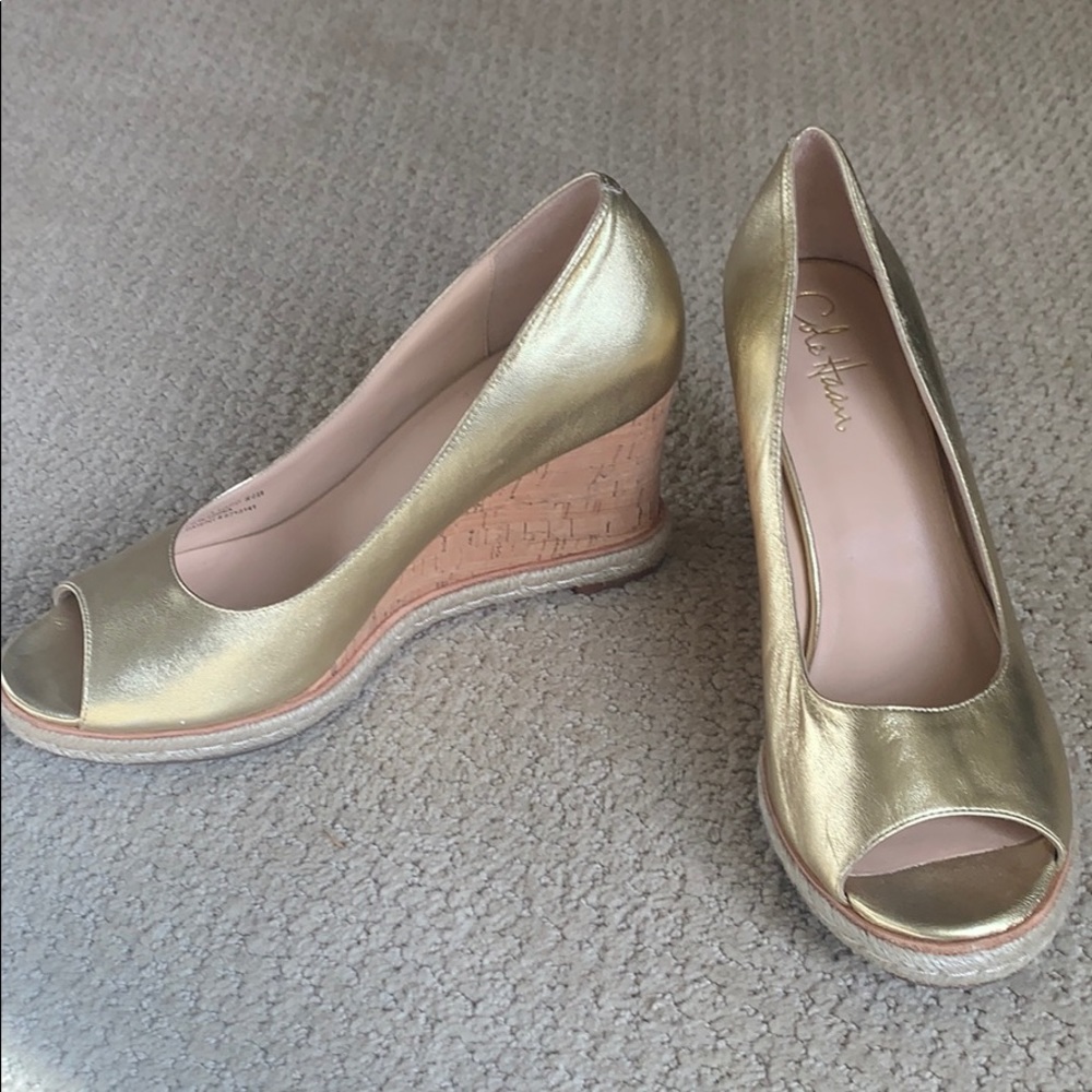 Cole Haan - Peep toe gold wedges